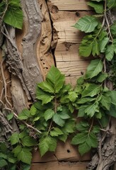 Leaves and twigs from trees blending seamlessly into the texture of a wooden beam , tree fragments, wooden beams, earthy tones