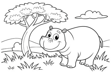 cute Hippopotamus, some grass and a tree, coloring book