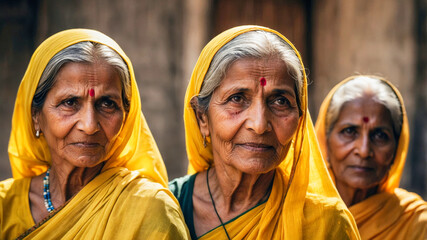 Naklejka premium A group of smiling old women dressed in yellow