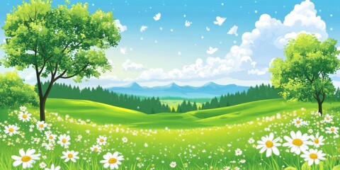 Fototapeta premium Peaceful Grassland View With Blue Sky And Fluffy Clouds