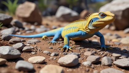 Yellow and blue lizard in natural environment with rocks and soil , wildlife, reptile
