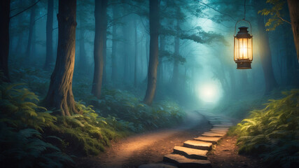 Fototapeta premium A moody, atmospheric image of a dimly lit forest path, with an old lantern illuminating the surrounding area