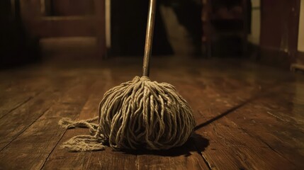 Rustic Wooden Floor Cleaning with Old-Fashioned Mop.