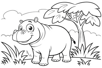 cute Hippopotamus, some grass and a tree, coloring book