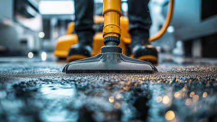 Close-up of an industrial vacuum cleaner removing water from a wet floor, emphasizing cleaning, maintenance, and professional janitorial services in a commercial setting.