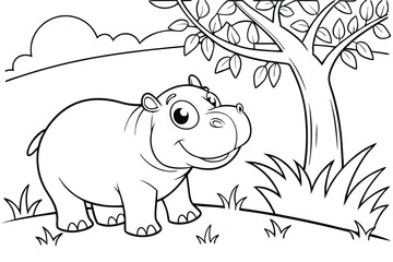 cute Hippopotamus, some grass and a tree, coloring book