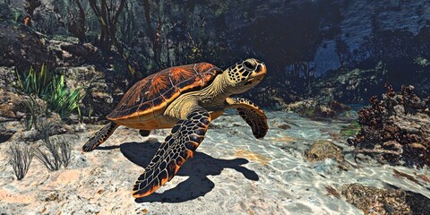 Loggerhead Sea Turtle in Kelp Forest Ocean Wildlife Marine Life