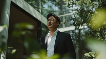 Businessman exudes confidence in a modern office setting amid lush greenery during a sunny day