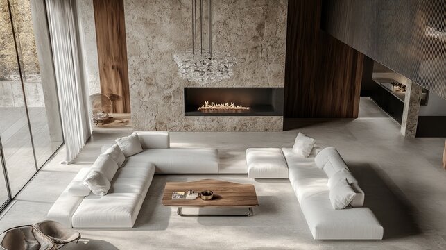 A spacious, minimalist luxury living room with a floor-to-ceiling stone fireplace, a large sectional sofa in white linen, and a low-profile wood and glass coffee table. 