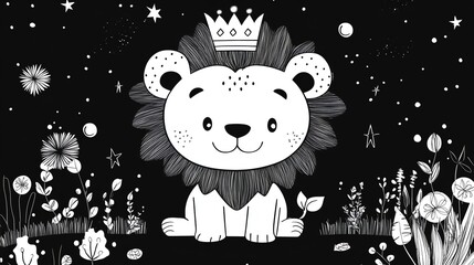 A line drawing of a cute lion wearing a crown.