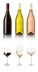 Bottles and glasses with different wines isolated on white, set