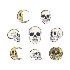 Hand drawn sketchy moons with skull faces set isolated on black background. Doodle skeleton heads tattoo design bundle