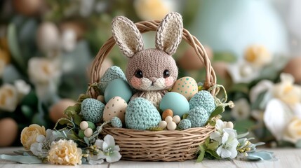 Adorable Easter Bunny Figurine Surrounded by Colorful Eggs in a Woven Basket with Decorative Flowers and a Soft Focus Background for Spring Celebrations