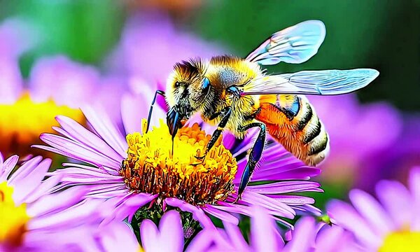 A vibrant honeybee collecting nectar from a colorful flower, showcasing pollination, nature's biodiversity, bee conservation, honey production, flowering plants, and ecological balance in high resolut
