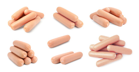 Tasty boiled sausages isolated on white, set