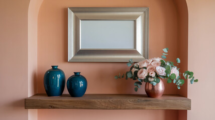 Stylish wooden shelf with ceramic vases and a floral arrangement against peach wall  
