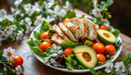 Fresh Mixed Green Salad with Avocado, Chicken, and Vinaigrette