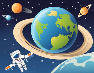Naklejka premium Space Earth and Planet Background with Satellite Pro Vector background
