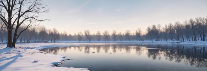 Fototapeta premium Snowy landscape with bare trees and frozen lake, bare trees, snow, peaceful scene