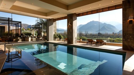 Fototapeta premium Indoor swimming pool with turquoise water, lounge chairs, and mountain view. Tranquil ambiance suitable for swimming and relaxation.