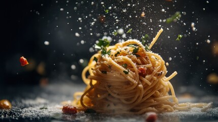 Delicious spaghetti aglio e olio with parmesan cheese and parsley.