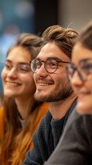 Fototapeta premium Image shows three smiling students in a classroom-like setting. Middle man with glasses and goatee, woman in red sweatshirt, third person out of focus. Friendly atmosphere portrayed.