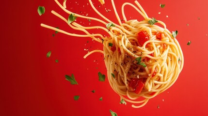 Delicious Spaghetti with Tomatoes and Herbs in mid-air against a vibrant red background.
