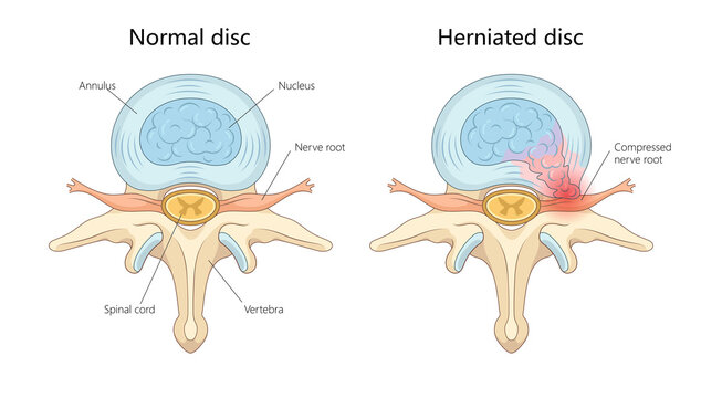 normal spinal disc and a herniated disc with compressed nerve root, labeled for clarity diagram hand drawn schematic raster illustration. Medical science educational illustration