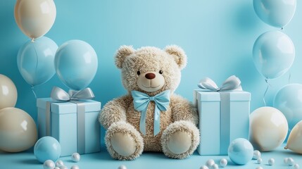 Cute teddy bear surrounded by baby blue balloons and gift boxes on a pastel background.