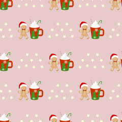 Gingerbread and cappucino, Christmas season, vector illustration seamless pattern, design for gift wrapping, fabric, textiles, cards, carpets, and curtains.