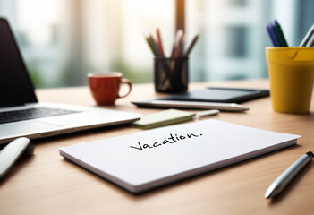 A note on the office desk with the text vacation