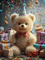 A cute teddy bear in a party hat surrounded by colorful gifts and confetti.