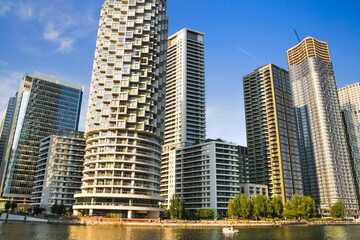 Canary Wharf business and banking downtown with corporate skyscrapers at sunset. © IRStone