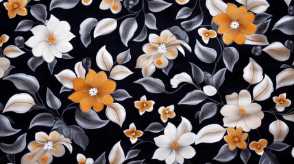 Bright floral pattern featuring white and orange flowers on a dark background showcasing intricate design details