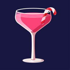 Pink Christmas cocktail illustration. Vector illustration of festive drink with candy cane.