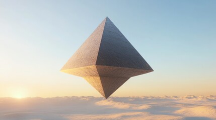 A large stone pyramid floats above a snow-covered landscape at sunset.