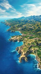 Aerial view of a scenic coastline with turquoise water, cliffs, and lush green hills.
