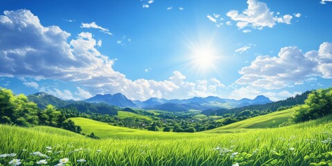 Obraz premium Lush Countryside Field With Blooming Flowers And Sunshine