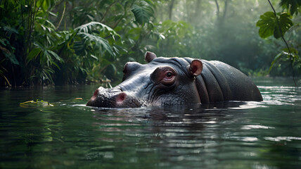 Fototapeta premium Hippopotamus in the Mist: A massive hippopotamus emerges from the murky depths of a tropical river, its eyes reflecting the ethereal mist.