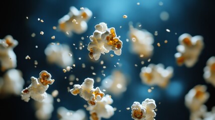 Airy, Delicious Popcorn Kernels Exploding Against a Dark Blue Background.