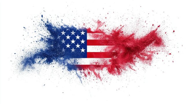 American flag USA exploding into colorful powder creating an abstract image on white background The Day of Independence