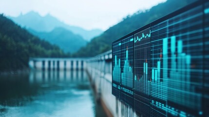 A serene landscape featuring mountains and a body of water, with a digital graph overlay indicating data analysis or monitoring.