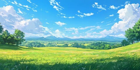 Scenic Grassland With Vibrant Nature And Beautiful Clouds
