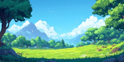 Peaceful Valley Landscape With Forest, Mountains, And Wildflowers