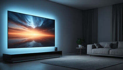 Fototapeta premium Large 3D TV screen in modern living room with ambient lighting