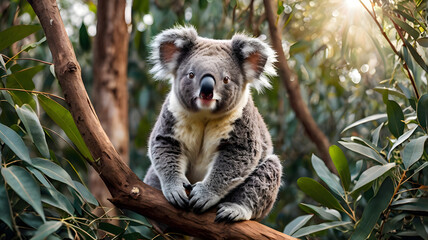 Fototapeta premium Koala in Eucalyptus Tree: A charming koala bear sits on a eucalyptus branch, surrounded by lush green foliage. The sunlight filters through the leaves, creating a serene and peaceful atmosphere. 
