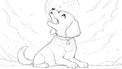 Obraz premium Line Art Anime of a Beagle Howling Under Full Moon