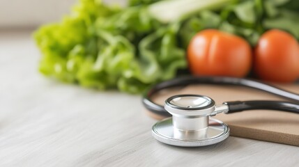 A stethoscope rests on a table beside fresh vegetables, symbolizing the connection between health and nutrition.