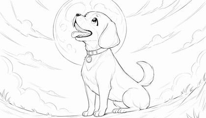 Obraz premium Line Art Anime of a Beagle Howling Under Full Moon