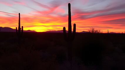 A factory silhouetted against an orange sunrise with smoke rising into the sky over a desert landscape